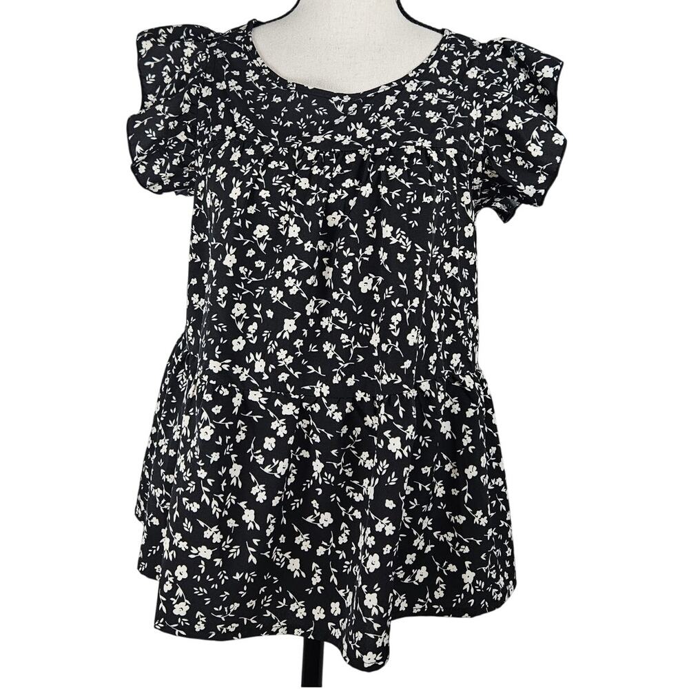 JILLUMI Black & White Floral Print Peplum Blouse Womens XSmall Puff Sleeve